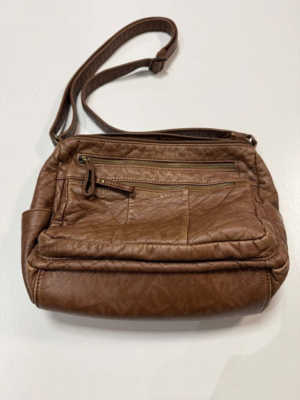 Boho Indie Granola Brown Soft Grainy Vegan Leather Multi Pocket Zip Crossbody Sh